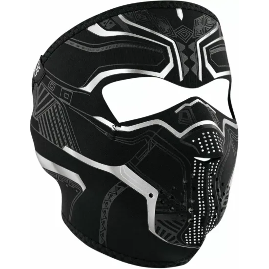 Черна неопренова защитна маска ZAN HEADGEAR с бели геометрични мотиви в техно стил и перфорирани зони за дишане
