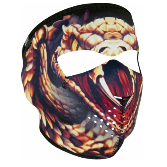 Черна защитна маска ZAN HEADGEAR Snake с реалистичен дизайн на змийска глава с отворена уста, остри бели зъби и червена вътрешност, изработена от неопрен