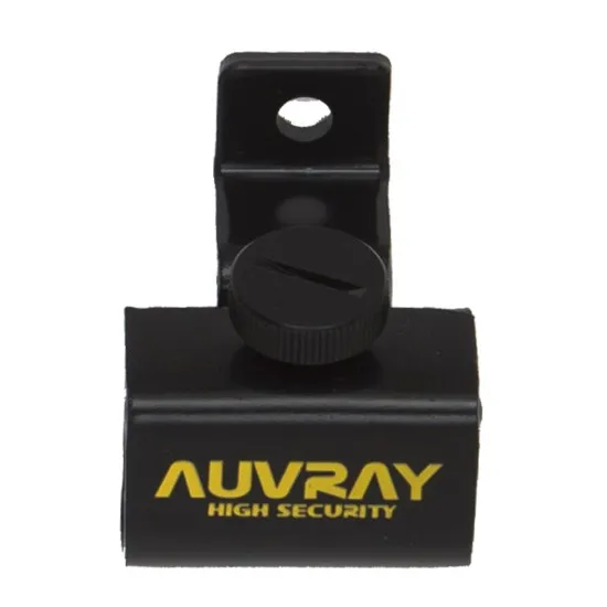 Черен стоманен държач за катинар AUVRAY с жълто лого, регулируем винт и монтажен отвор