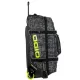 Сив сак с колела OGIO RIG 9800 PRO в дизайн CHAOS с черни презрамки, телескопична дръжка и включени черна раница и чанта за ботуши с ярко зелени логота