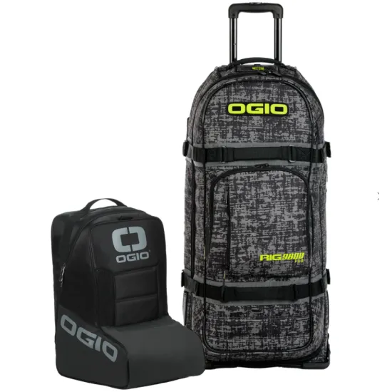 Сив сак с колела OGIO RIG 9800 PRO в дизайн CHAOS с черни презрамки, телескопична дръжка и включени черна раница и чанта за ботуши с ярко зелени логота