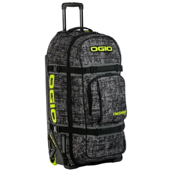Сив сак с колела OGIO RIG 9800 PRO в дизайн CHAOS с черни презрамки, телескопична дръжка и включени черна раница и чанта за ботуши с ярко зелени логота