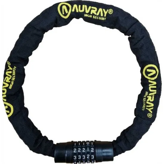 Черна заключваща верига AUVRAY с жълто лого и 5-цифрен комбинационен код на синьо заключване