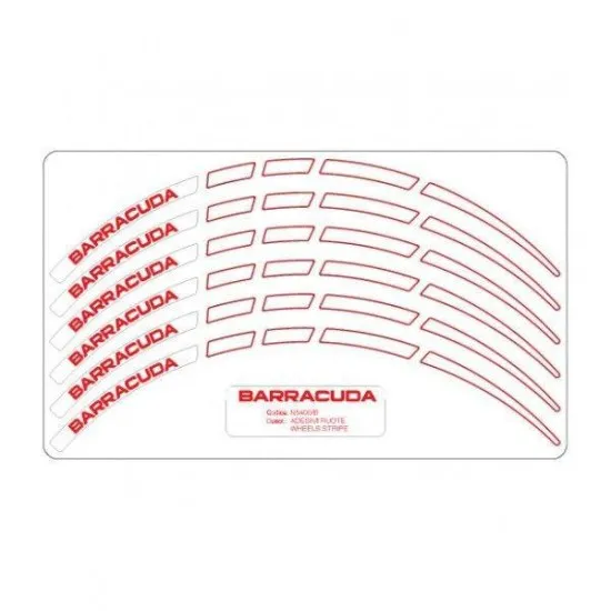 Лист с бели декоративни ленти BARRACUDA за джанти с червени надписи, показани в различни дължини и форми за обиколката на джантите