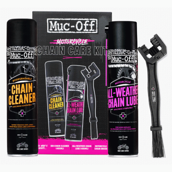 Комплект MUC-OFF Chain Kit с черни спрейове за почистване и смазване на верига, специализирана четка с черна дръжка и розова опаковка