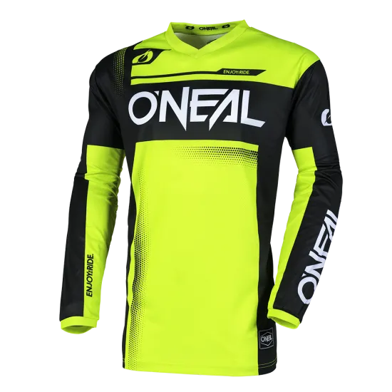 O`NEAL ELEMENT RACEWEAR BLACK/NEON YELLOW V.25 - мотокрос блуза с издръжливост и стил Мотокрос блуза O`NEAL ELEMENT RACEWEAR BLACK/NEON YELLOW V.25 с дишаща материя и защита в лакътя