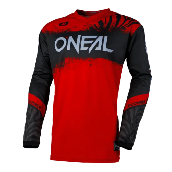 O'NEAL ELEMENT SHOCKER BLACK/RED V.25 - функционална и стилна мотокрос блуза Мотокрос блуза O'NEAL ELEMENT SHOCKER BLACK/RED V.25 с издължена задна част и устойчива графика