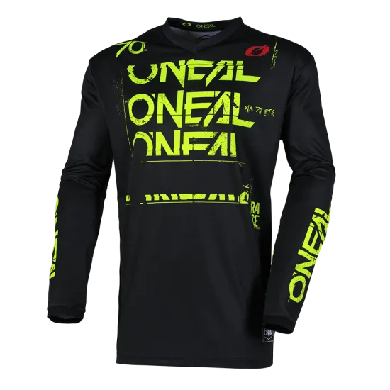 Мотокрос блуза O'NEAL ELEMENT STATIC BLACK/NEON YELLOW V.25 с издължена задна част и сублимирана графика