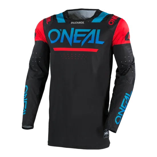 Мотокрос блуза O'NEAL PRODIGY FIVE FOUR BLACK/BLUE V.25 с лазерно изрязани отвори за вентилация