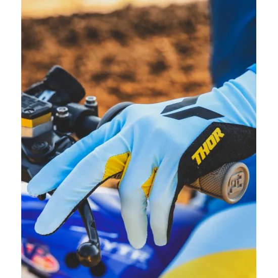 Мотокрос ръкавици THOR SPORTMODE ICONIC BLUE/YELLOW с длан от Clarino® и гъвкава задна част