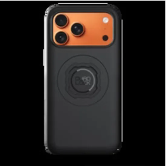 Черен калъф Quad Lock MAG за iPhone 17 Pro с оранжеви акценти около камерата и централна магнитна система