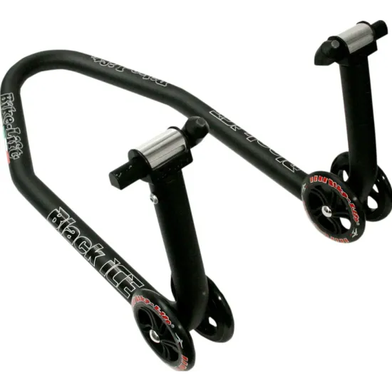 Черна предна стойка Bike Lift Black Ice с двойни ролкови колела, U-образна горна опора с метални плъзгачи и регулируем вертикален прът