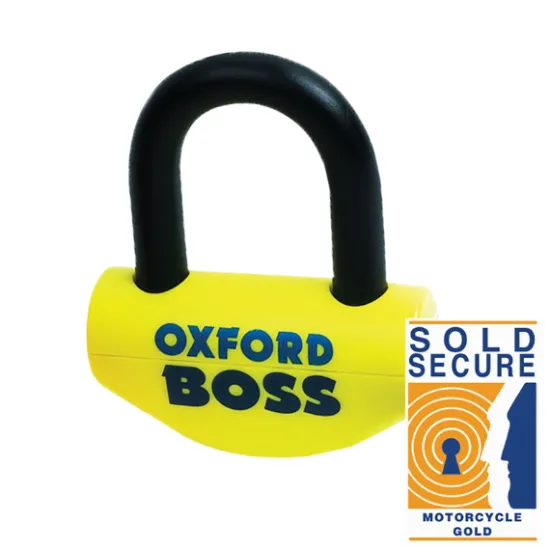 Жълта дискова ключалка OXFORD Big Boss с черна закалена скоба 16мм и Sold Secure Motorcycle Gold сертификат