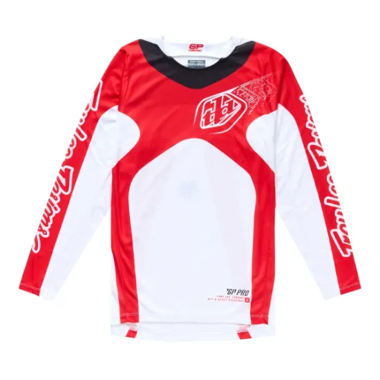 Мотокрос джърси TROY LEE DESIGNS GP Pro в бяло и червено с TLD лого, вентилационни панели и състезателна кройка