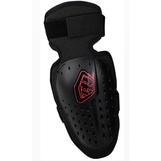 Черни налакътници Troy Lee Designs Rogue с перфорирана твърда черупка, червен логотип TLD и велкро закопчалка - изглед отпред, отстрани и в три четвърти