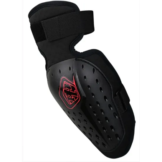 Черни налакътници Troy Lee Designs Rogue с перфорирана твърда черупка, червен логотип TLD и велкро закопчалка - изглед отпред, отстрани и в три четвърти