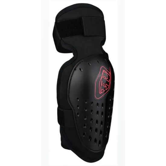 Черни налакътници Troy Lee Designs Rogue с перфорирана твърда черупка, червен логотип TLD и велкро закопчалка - изглед отпред, отстрани и в три четвърти