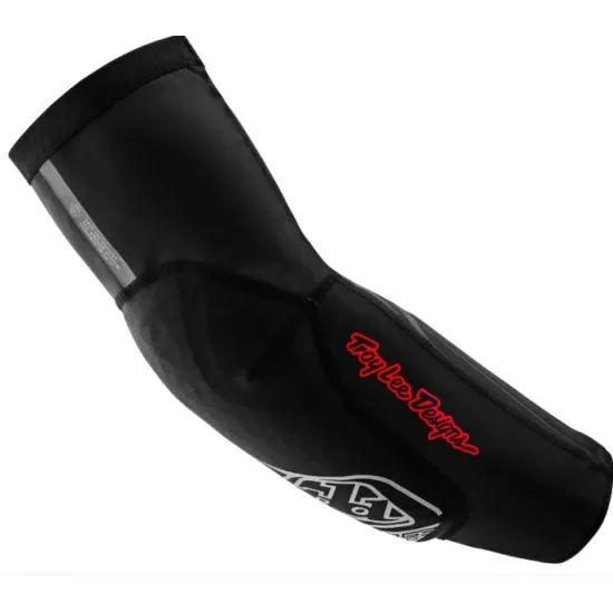 Черни налакътници Troy Lee Designs Stage Pro с D3O вложка и червено лого на предмишницата, анатомична форма за лакътната става
