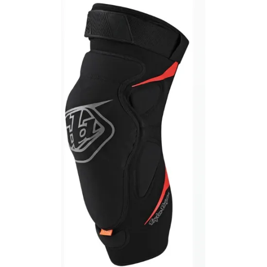 Черни наколенки Troy Lee Designs Raid с червени акценти, D3O защитни плочки, регулируеми колани и сребристо рефлектиращо лого