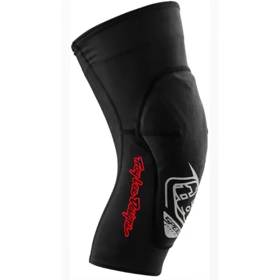 Черни наколенки Troy Lee Designs Speed Pro Knee Sleeve с D3O протекторна вложка при капачката на коляното, компресионен ръкав и лого в сиво и червено - изглед отпред, отстрани и под ъгъл