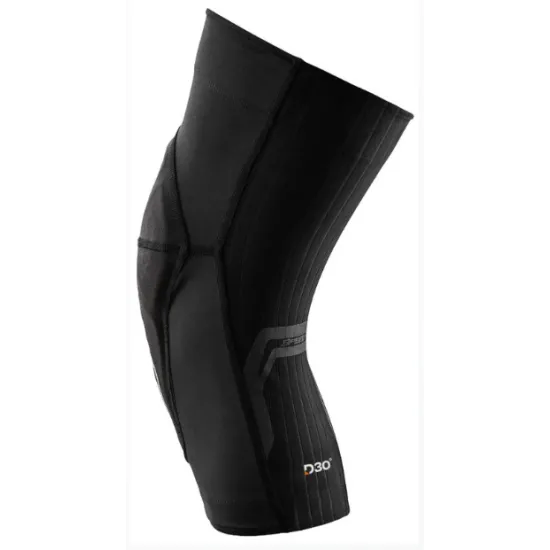 Черни наколенки Troy Lee Designs Speed Pro Knee Sleeve с D3O протекторна вложка при капачката на коляното, компресионен ръкав и лого в сиво и червено - изглед отпред, отстрани и под ъгъл