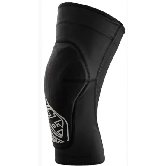 Черни наколенки Troy Lee Designs Speed Pro Knee Sleeve с D3O протекторна вложка при капачката на коляното, компресионен ръкав и лого в сиво и червено - изглед отпред, отстрани и под ъгъл