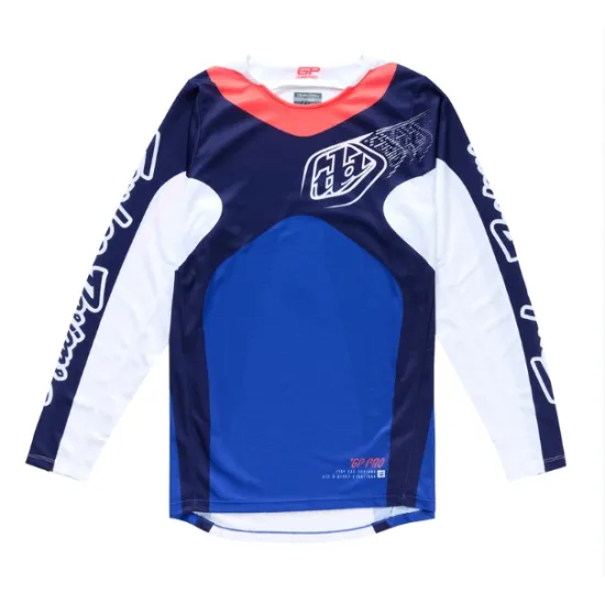 Мотокрос джърси TROY LEE DESIGNS GP Pro Frames в тъмносиньо, бяло и синьо с TLD логотип на гърдите, розова акцентна лента около яката и надписи по белите ръкави