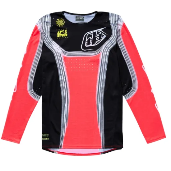 Детско мотокрос джърси Troy Lee Designs SE Pro в червено и черно с вертикални сребристи ленти, TLD лого на гърдите и контрастни червени ръкави