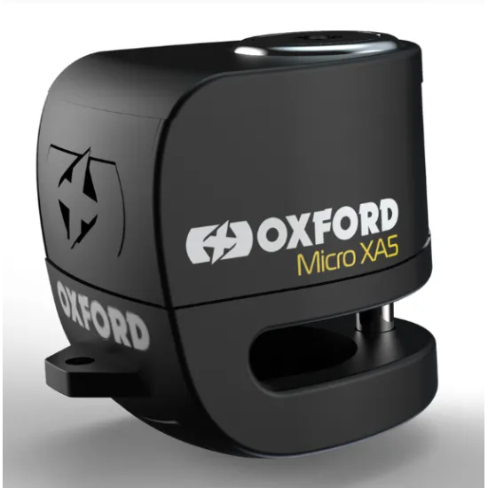 Черна дискова ключалка OXFORD Micro XA5 с компактен дизайн, бяло лого и хромиран бутон за заключване