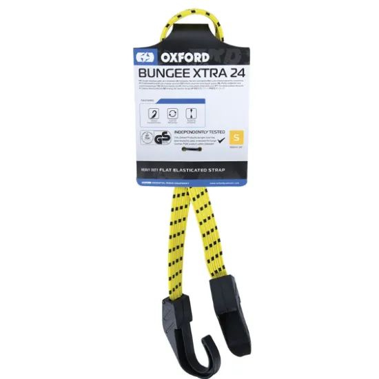 Жълта еластична лента OXFORD Bungee Xtra 24 с черни формовани куки и опаковка с TÜV/GS сертификат