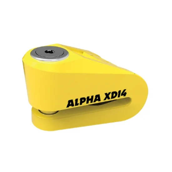 Ярко жълта дискова ключалка OXFORD Alpha XD14 с масивен кован корпус, сребрист заключващ цилиндър и черен надпис на марката