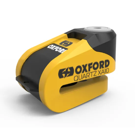 Дискова ключалка OXFORD XA10 в жълто-черен цвят с компактен дизайн, видим USB порт за зареждане и заключващ отвор