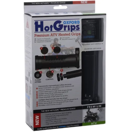 Черни отопляеми ръкохватки Oxford HotGrips Premium ATV в оригинална опаковка с интелигентен контролер и скобово захващане