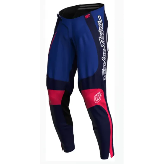 Мотокрос брич Troy Lee Designs GP Pro Frames в тъмносиньо, бяло и червено, показан от предна и задна страна с видими еластични панели и подсилени зони