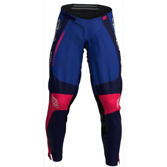 Мотокрос брич Troy Lee Designs GP Pro Frames в тъмносиньо, бяло и червено, показан от предна и задна страна с видими еластични панели и подсилени зони