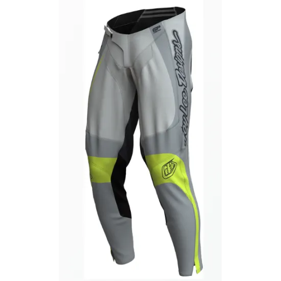Сиво-бял мотокрос брич Troy Lee Designs GP Pro с флуоресцентно зелени акценти, усилени панели и лого на крака