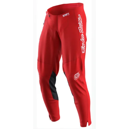 Червен мотокрос брич Troy Lee Designs GP Pro Mono с бяло лого, черни контрастни панели в коленната зона и еластични вставки
