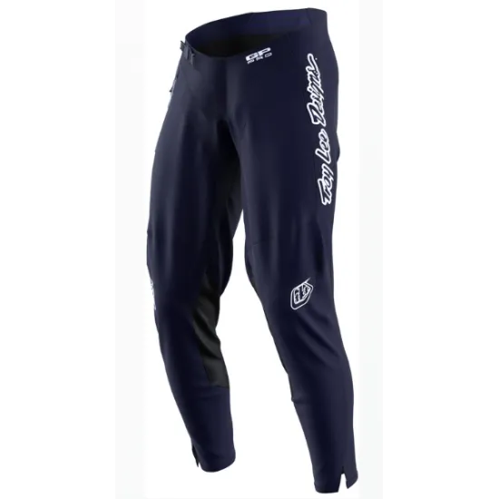 Тъмносин мотокрос брич Troy Lee Designs GP Pro с бели лога по крака, еластични панели и състезателна кройка