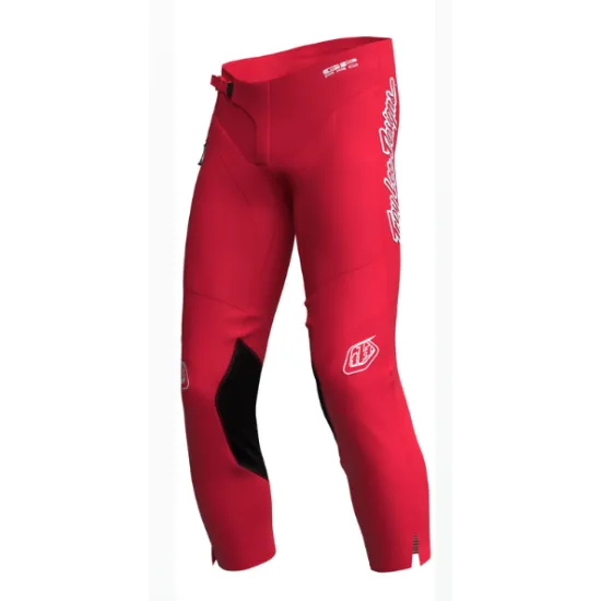 Червен детски мотокрос брич Troy Lee Designs Scout GP Pro с бели лога, кожени панели на коленете, вентилационни ципове и еластична талия