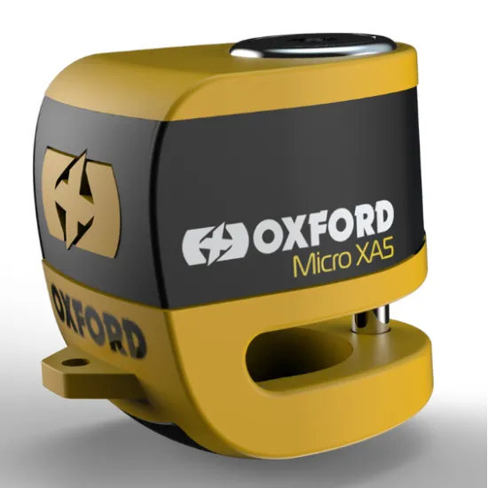 Жълто-черна дискова ключалка OXFORD Micro XA5 с видим USB порт за зареждане, компактен корпус и отвор за диска