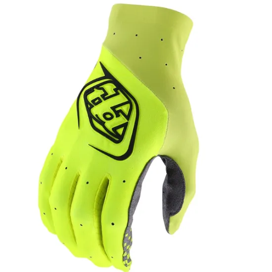 Неоново жълта мотокрос ръкавица Troy Lee Designs SE Ultra с черно лого, перфорирана длан и силиконови накрайници на пръстите