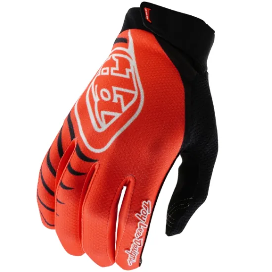 Детски мотокрос ръкавици Troy Lee Designs GP Pro в ярко оранжев цвят с черна длан, бяло TLD лого и неопренова маншета