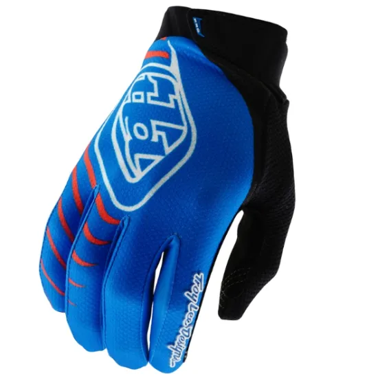 Сини детски мотокрос ръкавици TROY LEE DESIGNS GP Pro с червени акценти, черна неопренова маншета и бяло TLD лого на тъмносин фон
