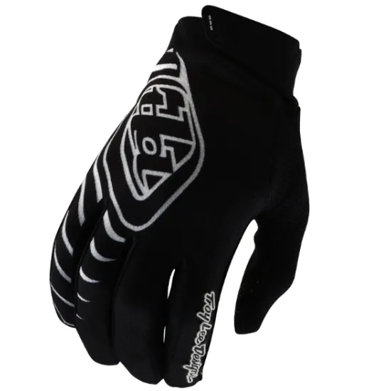 Черни детски мотокрос ръкавици Troy Lee Designs GP Pro с бял лого, TPR защита на показалеца и стилизирани графични елементи