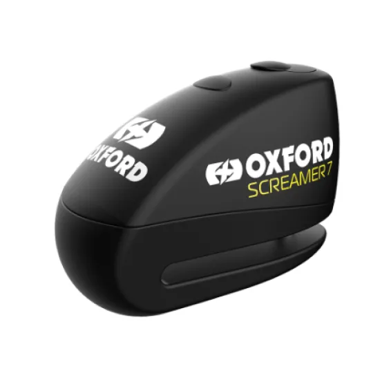 Черно заключване за диск OXFORD Screamer 7 с два контролни бутона на горната част и бяло лого на марката върху матова черна повърхност