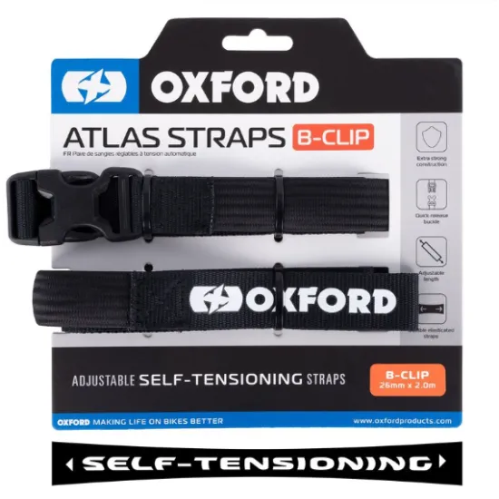 Черни Oxford Atlas каишки с B-Clip катарама в оригинална опаковка, показващи самозатягащия се механизъм и инструкции за употреба