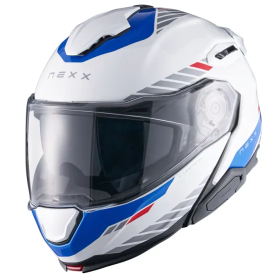 Каска NEXX X.LIFETOUR FLIP UP GLOBE WHITE BLUE – слънчеви очила и звукоизолация за комфорт при каране