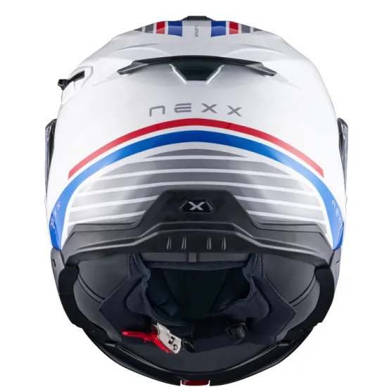 Каска NEXX X.LIFETOUR FLIP UP GLOBE WHITE BLUE – слънчеви очила и звукоизолация за комфорт при каране
