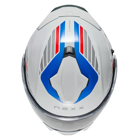 Каска NEXX X.LIFETOUR FLIP UP GLOBE WHITE BLUE – слънчеви очила и звукоизолация за комфорт при каране