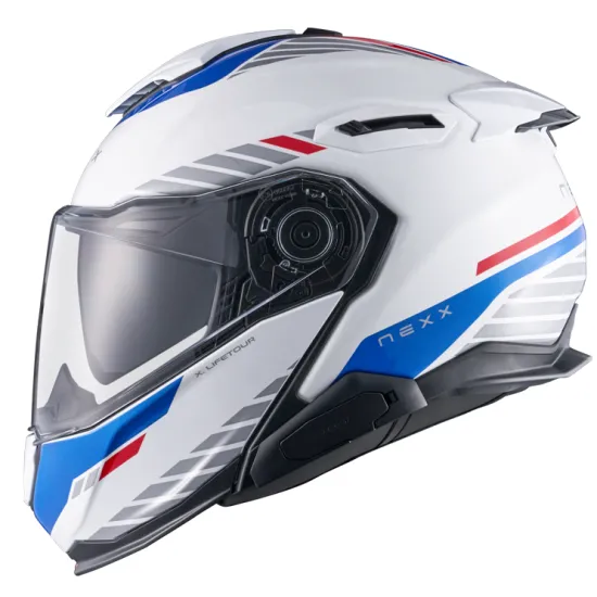 Каска NEXX X.LIFETOUR FLIP UP GLOBE WHITE BLUE – слънчеви очила и звукоизолация за комфорт при каране